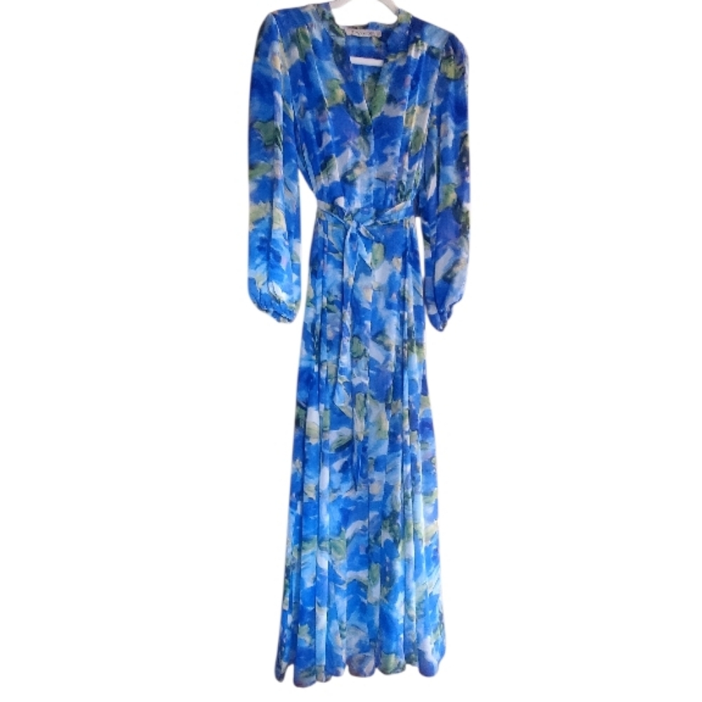 Taylor Periwinkle Watercolor Maxi V-Neck Button Front L/S Dress Size 8 NWT - Picture 3 of 11